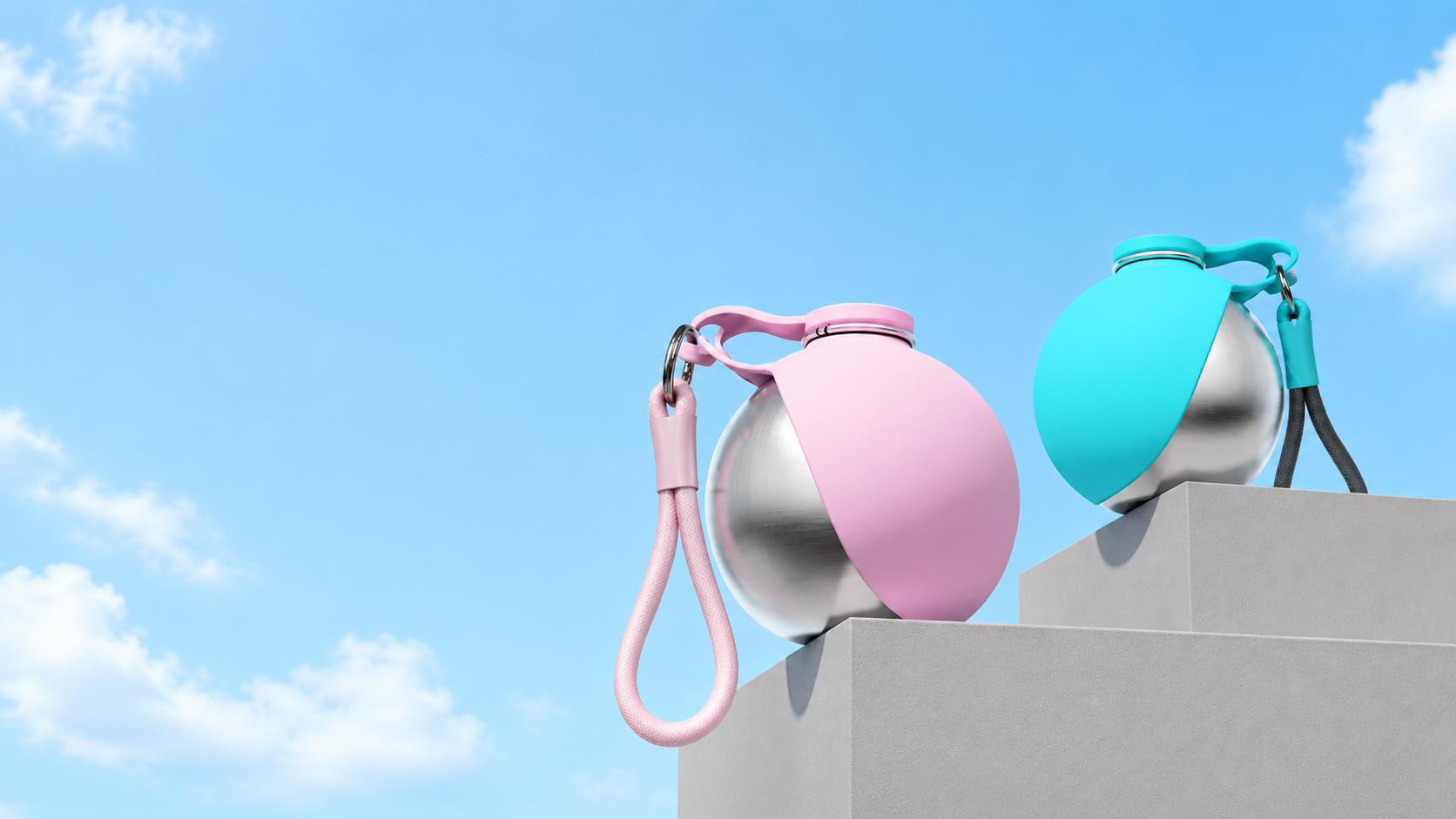 roam bottles in blush and aqua on pedestals against a blue sky