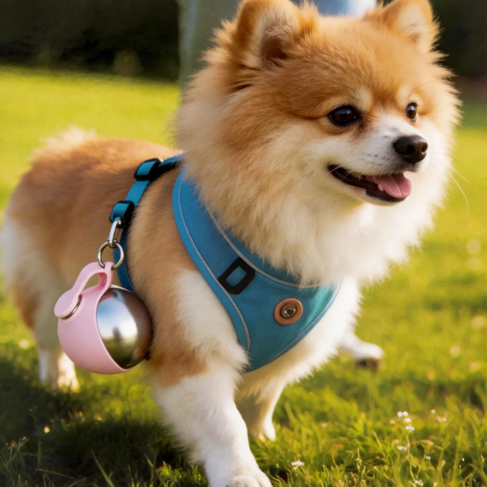 dog on a walk with the roam bottle clipped to its harness