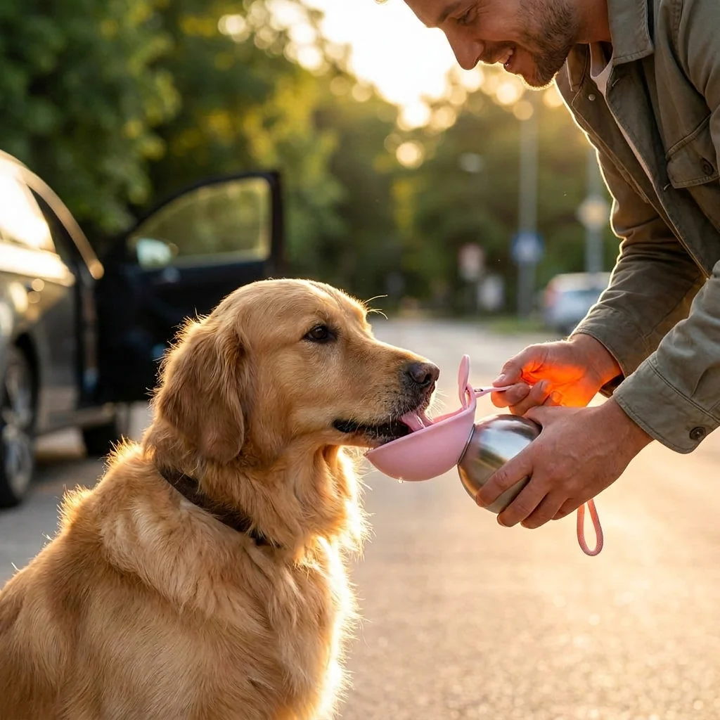 a person giving their golden retriever a drink from the roam bottle by the car at golden hour